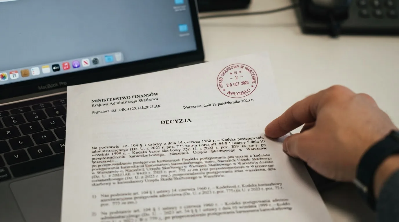 Urzędowe pismo z decyzją o karze pieniężnej położone na klawiaturze otwartego laptopa
