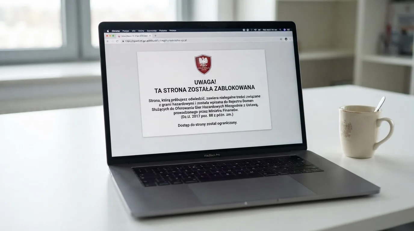 Okno przeglądarki na ekranie laptopa z komunikatem o zablokowanej stronie z grami hazardowymi