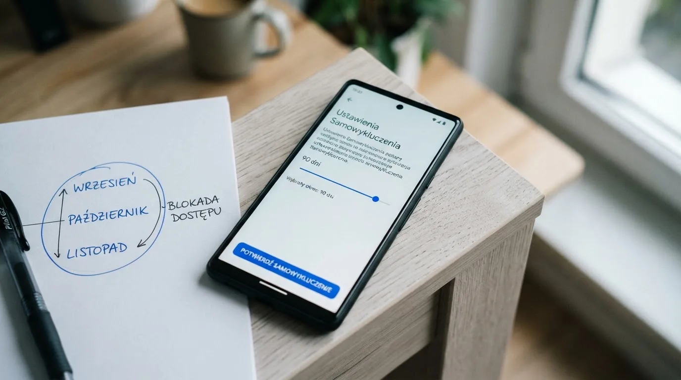 Ekran smartfona z ustawieniem samowykluczenia obok ściennego kalendarza z zakreślonym okresem kilku miesięcy
